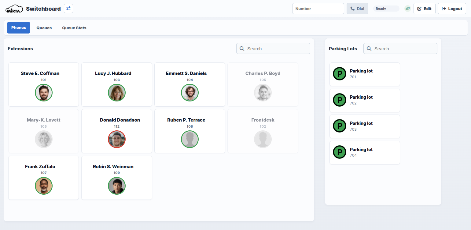 MiRTA PBX Switchboard showing extension availability, phone and queue tabs, and parking lots